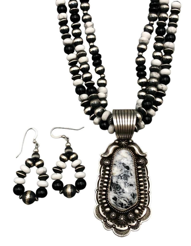 White Buffalo, Onyx And Sterling Silver Bead Necklace And Earring Set (1 of 15)