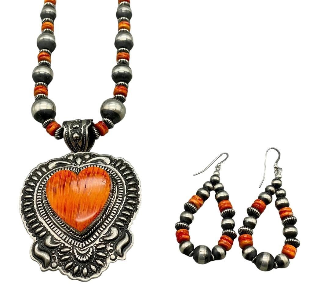 Spiny Oyster And Sterling Silver Bead Necklace And Earring Set By Darryl Becenti (1 of 17)