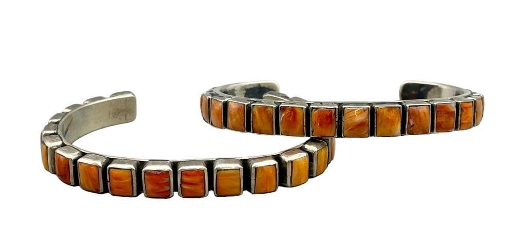 Two Spiny Oyster Cuff Bracelets By Federico Jimenez: Available here for your consideration are two spiny oyster cuff bracelets by Federico Jimenez. Both of these magnificent bracelets feature a single row of square shaped spiny oyster cabochons, resting