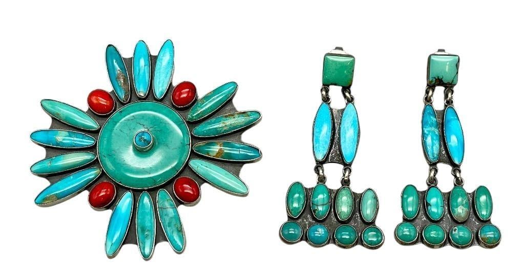 Turquoise And Coral Pin/Pendant With Turquoise Earrings By Federico Jimenez (1 of 10)