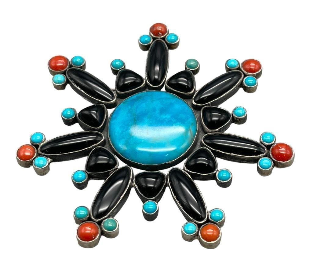 Turquoise, Coral And Onyx Pin/Pendant By Federico Jimenez (1 of 7)
