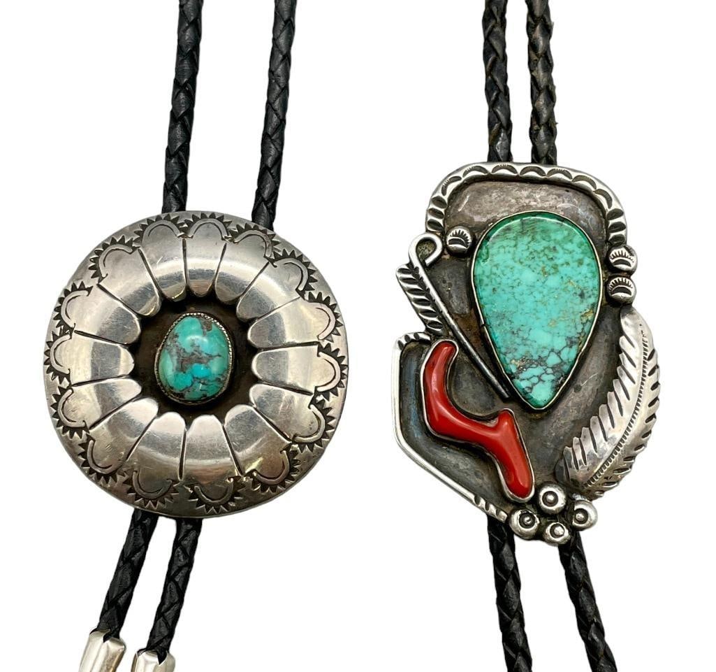 Two Vintage Turquoise, Sterling Silver And Coral Bolo Ties (1 of 14)