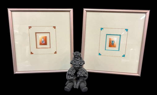 Miniature Zuni Paintings And Santa Clara Mudhead Pot: Offered here for your consideration are miniature Zuni paintings and a Santa Clara Mudhead pot. The two paintings are detailed and tiny renderings of Kachinas painted by Chris Natachu, a Zuni artist