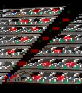 Cowboy Themed Vintage Navajo Pictorial Rug: Available here for your consideration is a cowboy themed vintage Navajo pictorial rug. What a fun rug this is! From top to bottom are displayed seven rows of cattle looking up from grazing on a