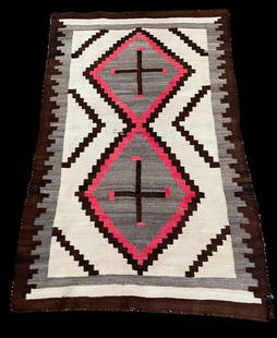 Antique Cross Themed Navajo Rug: Available here for your consideration is an antique cross themed Navajo rug. Featuring two large stylized diamonds formed by brown and rose red borders with a bold brown cross centered in each