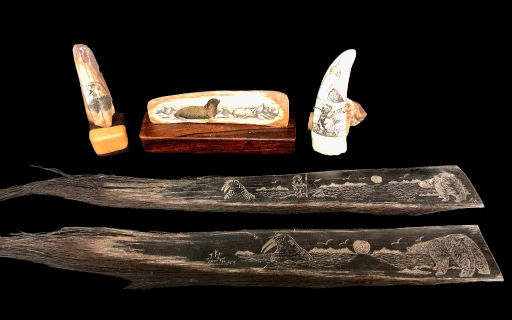 Scrimshaw Ivory And Baleen Art: Offered here for your consideration are three pieces of scrimshaw ivory art and one example of baleen art. Baleen is the structure that serves for teeth on baleen whales and is used for straining the 