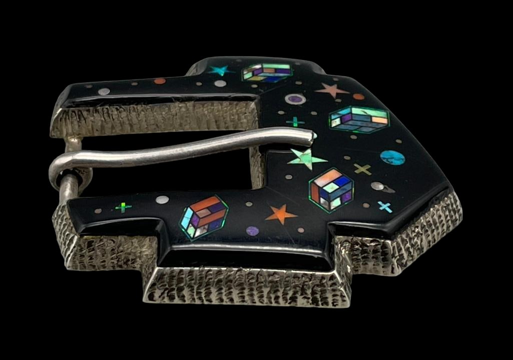"Night Sky" Inlay Buckle By Alvin Yellowhorse: Presented here for your bidding pleasure is a "Night Sky" inlay buckle by Alvin Yellowhorse. This sterling silver buckle has an eye catching micro inlay design of stars, planets, and other spa