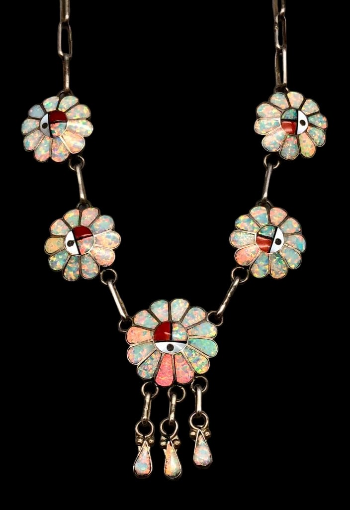 Zuni Sunface Inlay Necklace By Burdian Soseeah: Offered here for your consideration is a Zuni Sunface inlay necklace by Burdian Soseeah. This necklace features a central pendant highlighted with Sunface design created with mosaic inlay of mother of
