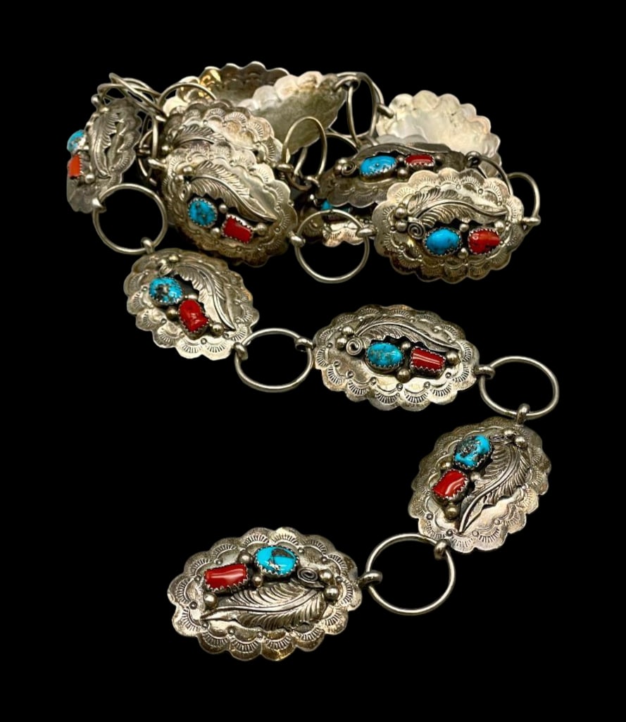 Turquoise And Coral Sterling Silver Link Concho Belt (1 of 13)