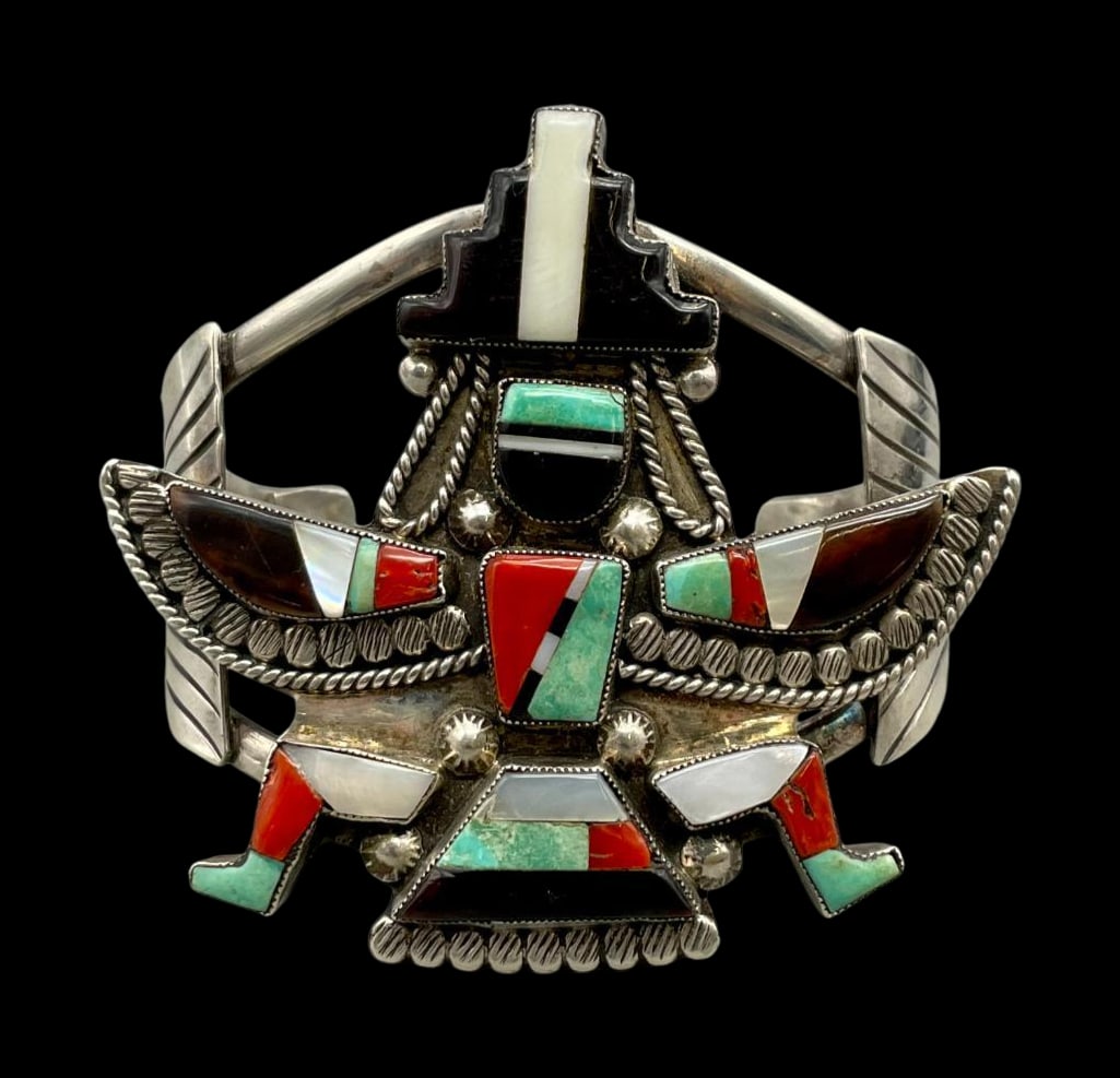 Vintage Knifewing Inlay Bracelet By Julia Lemay: Presented for your consideration is a vintage Knifewing inlay bracelet by Julia Lemay. This beautiful bracelet features multiple mosaic inlays created with turquoise, coral, onyx, and mother of pearl