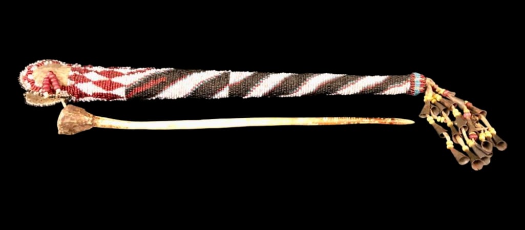 Old Bead Awl Case With Awl: Offered here for your consideration is an old bead awl case with awl. This awl case showcases beautiful bead work intricately sewn with fine sinew onto brain tanned hide. The vibrant multicolored seed