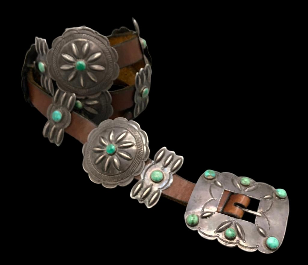 Circa 1940s Era Green Turquoise And Sterling Silver Concho Belt (1 of 20)