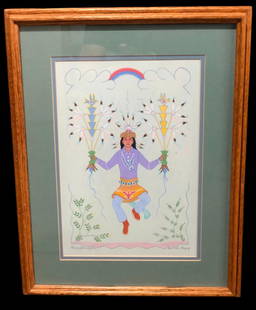Original Harrison Begay Painting: Offered here for your consideration is an original Harrison Begay painting. Signed by the artist in both his English and Navajo names, this colorful depiction of a Navajo in traditional garb under a r