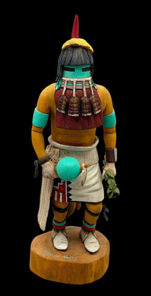 Hopi Kachina By Marlin Pinto: Offered here for your consideration is a Hopi Kachina by Marlin Pinto. This great example is full of life and exceptionally made. With vibrantly colored and intricately carved details, the artist is a