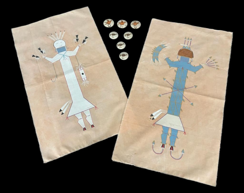 Group of Seven Vintage Zia Pottery Buttons And Two Navajo Memory Aid Paintings (1 of 9)