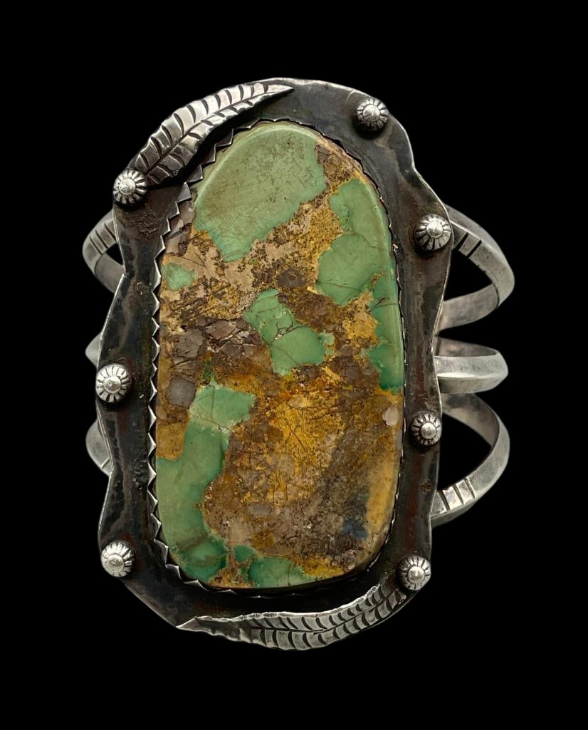 Large Green Stone Natural Turquoise And Sterling Silver Bracelet (1 of 8)