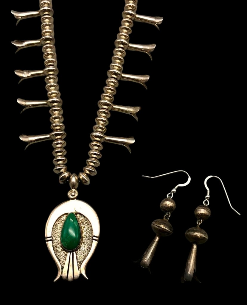 Squash Blossom Style Necklace With Earrings by McCabe: Offered here for your consideration is a squash blossom style necklace with earrings by A. McCabe. This lovely necklace features a gorgeous naja highlighted with a turquoise cabochon displayed in a sm