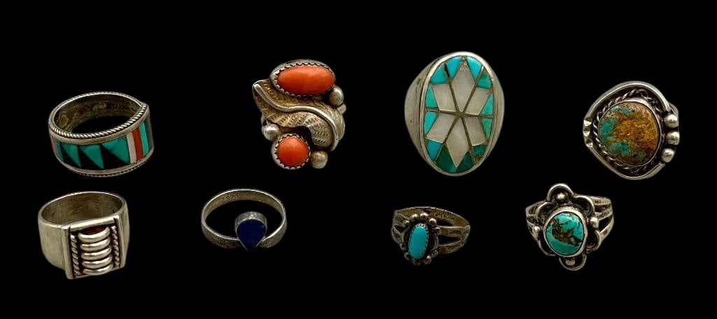 Eight Vintage Rings: Offered here for your consideration are eight vintage rings. The diversity and versatility of these rings is amazing with each featuring a distinctive design. The rings are highlighted with turquoise 