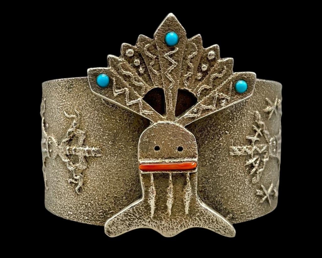 Gaun Dancer Themed Tufa Cast Bracelet By Lee Begay: Presented for your consideration is a Gaun Dancer themed Tufa cast bracelet by Lee Begay. Tufa Casting is done using Tufa stone that is found in New Mexico and Arizona. A mold is made with this stone 
