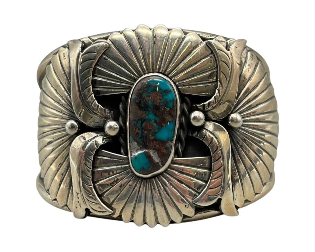 New Old Stock Bisbee Turquoise Bracelet By Notah Johnson: For your bidding enjoyment we present a new old stock Bisbee turquoise bracelet by Notah Johnson. The Bisbee mine is one of the most famous mines in Arizona, founded in 1880 as a gold, silver and copp
