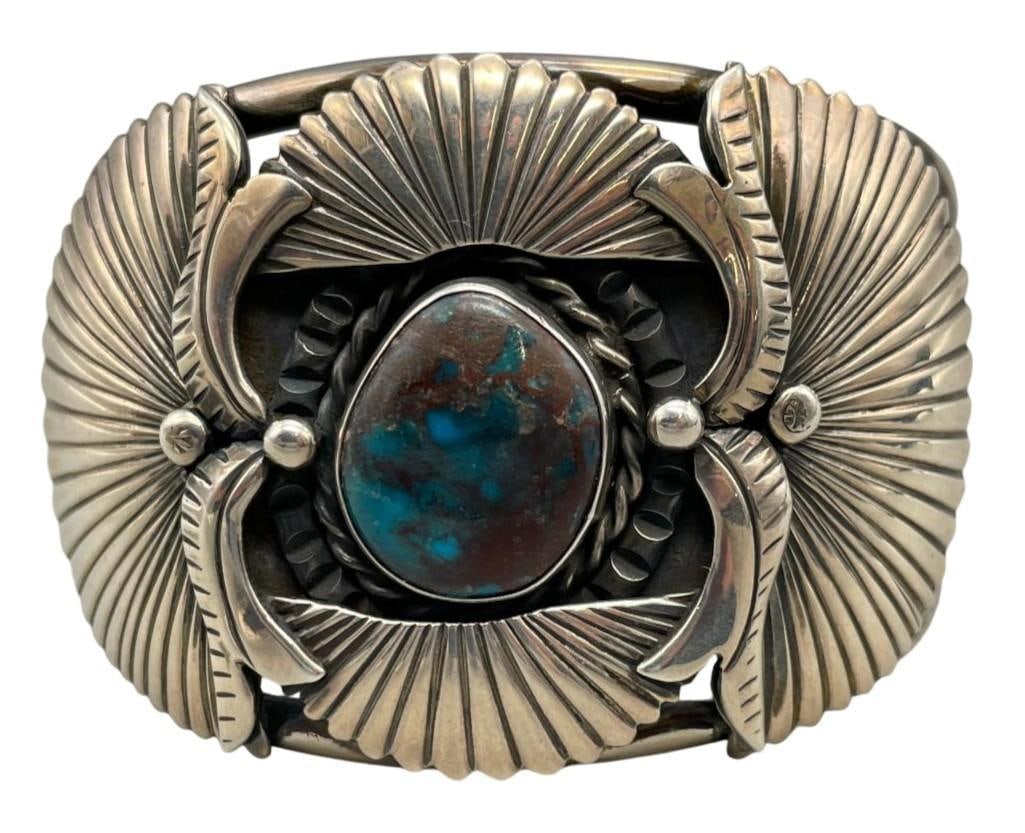 New Old Stock Bisbee Turquoise Bracelet By Notah Johnson: For your bidding enjoyment we present a new old stock Bisbee turquoise bracelet by Notah Johnson. The Bisbee mine is one of the most famous mines in Arizona, founded in 1880 as a gold, silver and copp
