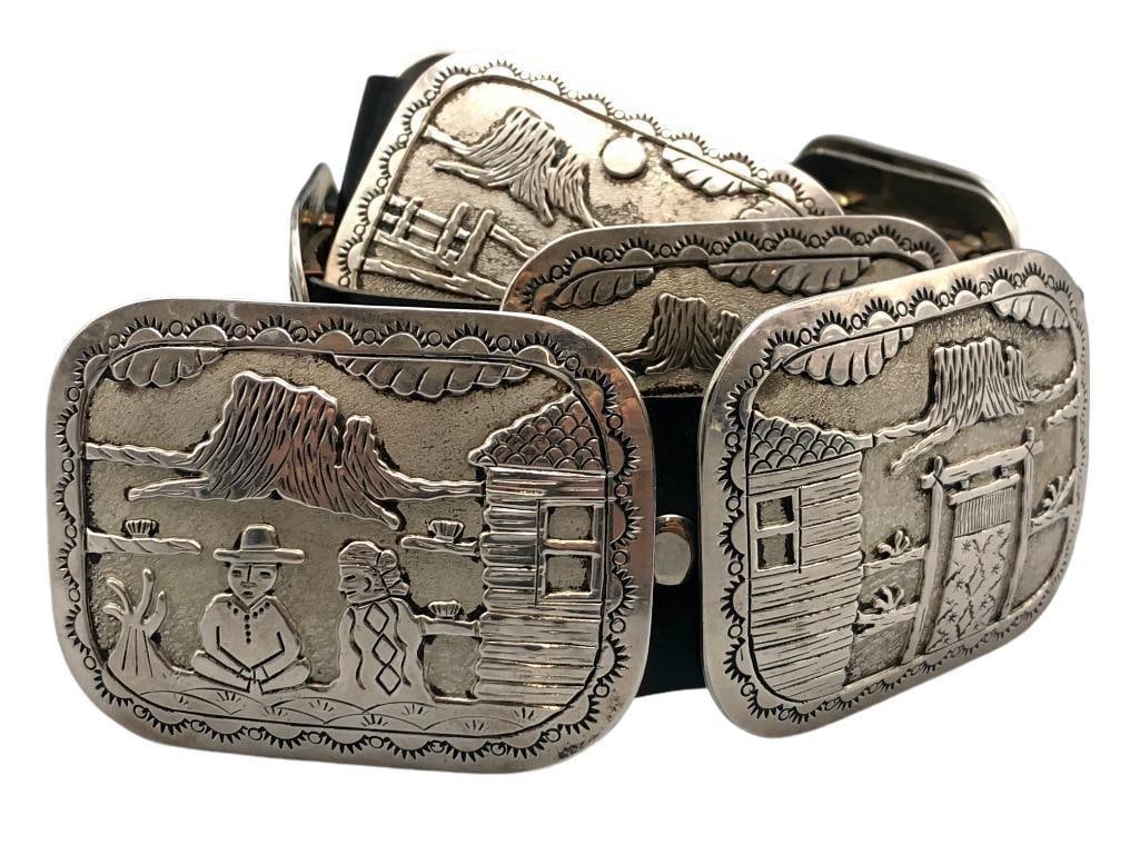Storyteller Concho Belt: Offered here for your consideration is a sterling silver storyteller concho belt. The belt has nine conchos and one buckle each with a sterling silver overlay design featuring one aspect of life in th