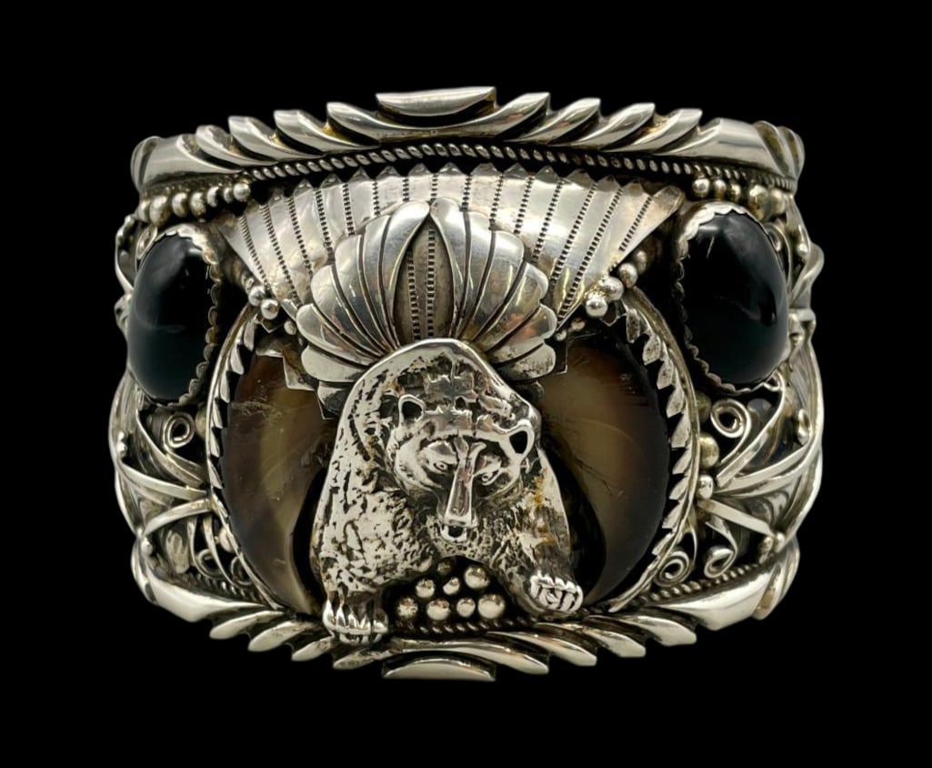 Substantial Bear Themed Sterling Silver And Onyx Bracelet With Bear Claw (1 of 10)