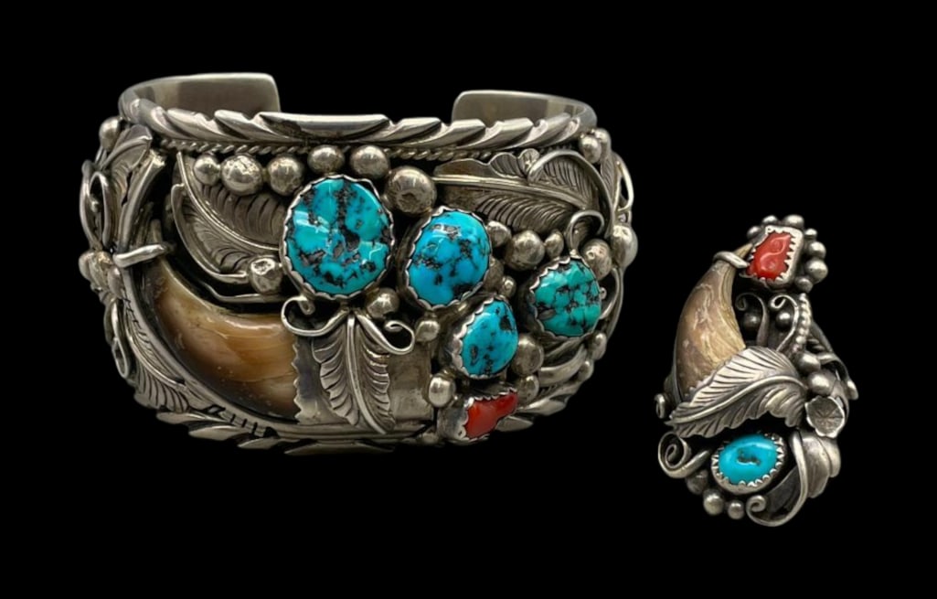 Turquoise, Coral And Claw Sterling Silver Bracelet (1 of 13)