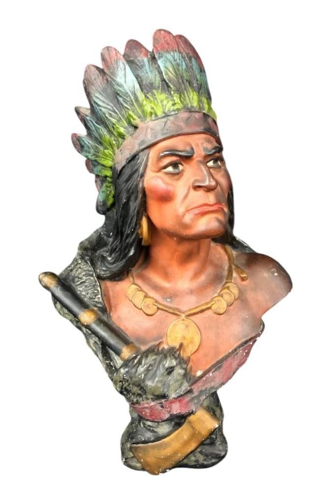 Early 1900s Plaster Cigar Store Indian Bust: Offered here for your consideration is an early 1900s plaster cigar store Indian bust. This is a fun item. This is a bust of a very serious Native American looking intently skyward while wearing a ful