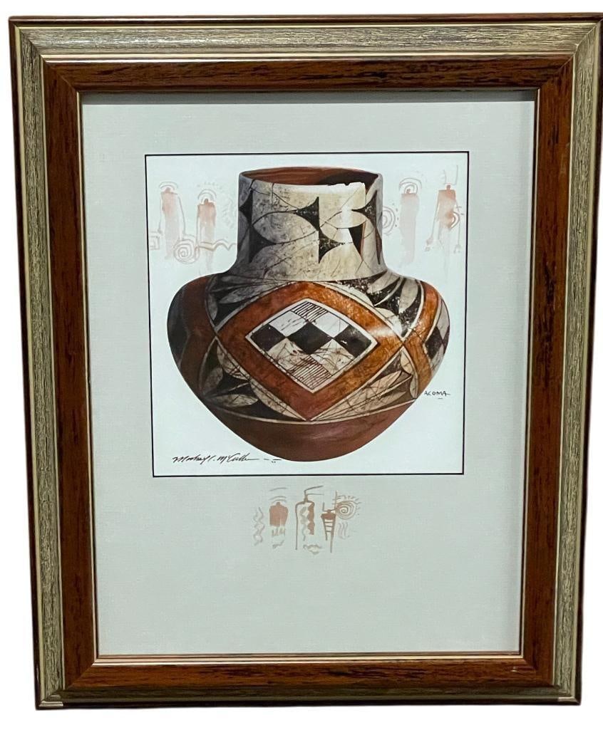 Pottery Watercolor Painting By Michael McCullough: Offered for your purchase here is a pottery watercolor painting by Michael McCullough. This is a colorful and realistic rendering of an old restored Acoma pot with traditional shape, colors and d