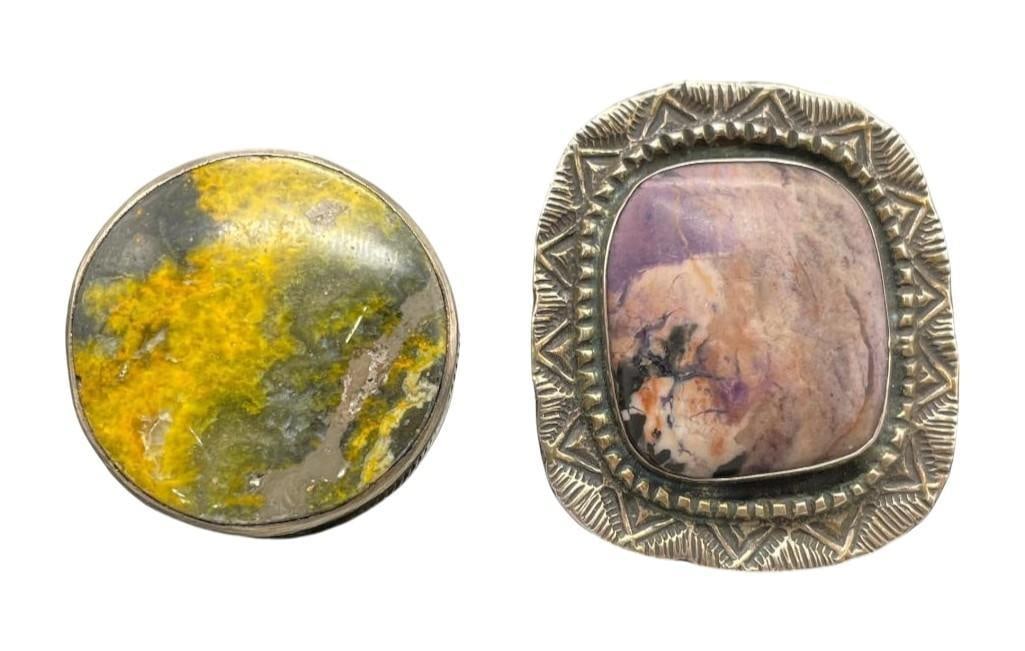 Two Nice Stone Rings By Virgil Reeder And JC: Offered here for your consideration are two nice stone rings by Virgil Reeder and JC. The first ring showcases a beautiful yellow cabochon with black hues resting in a smooth silver bezel. This eye ca