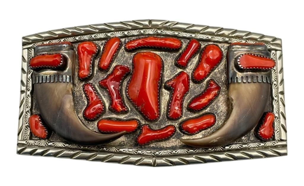 Wonderful Coral And Claw Buckle: Available here in this lot is a wonderful coral and claw buckle. This amazing sterling silver belt buckle features clusters of coral cabochons resting in sawtooth silver bezels and two bear claws set 