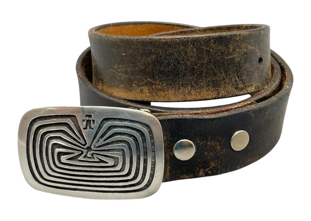 "Man In The Maze" Belt Buckle By Alvin Sosolda With Leather Belt: For your bidding pleasure is a "Man In The Maze" belt buckle by Alvin Sosolda with a leather belt. This buckle features a "Man In The Maze" overlay design with near perfect cut outs an