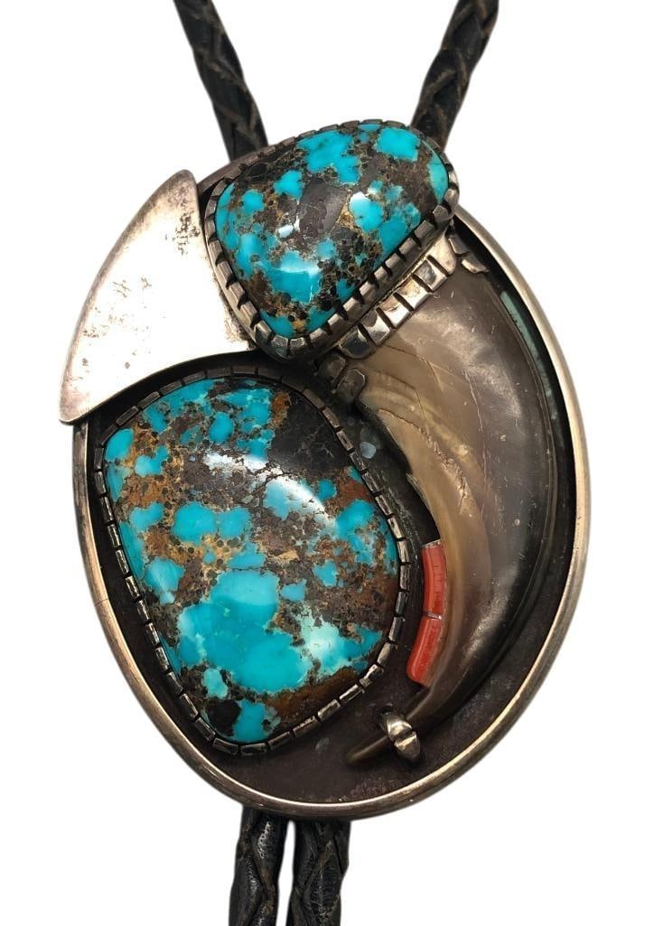 Vintage Bolo Tie With Claw, Coral And Nice Turquoise By Chester Kuhn (1 of 10)