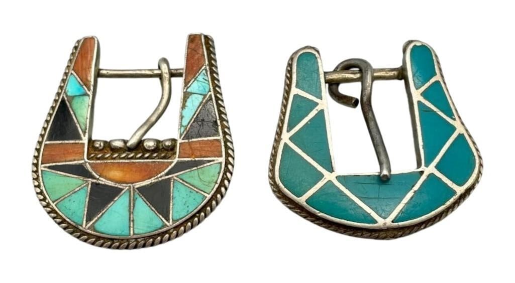 Two Vintage Inlay Belt Buckles: Presented here for your bidding pleasure are two vintage inlay belt buckles. The first sterling silver buckle has a multi stone inlay design created coral, onyx and turquoise accented with twisted wir
