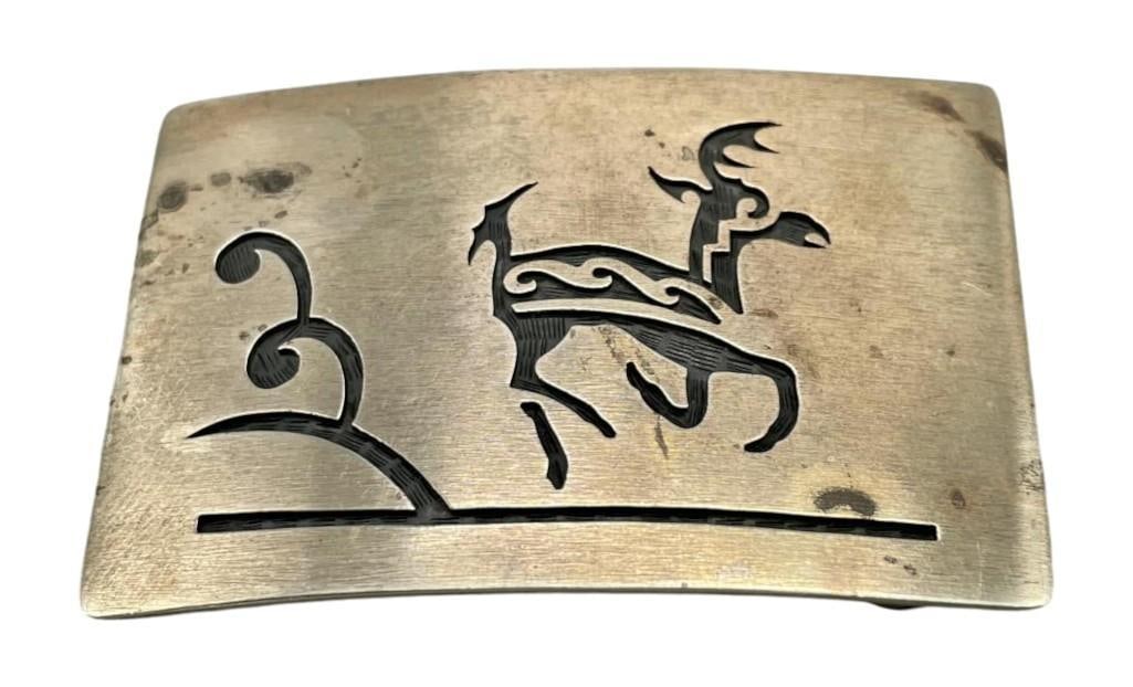 Hopi Sterling Silver Overlay Deer Themed Belt Buckle: For your bidding pleasure is a Hopi sterling silver overlay deer themed belt buckle. This charming buckle features an overlay deer design complemented by a smooth silver finish. An etched technique wa