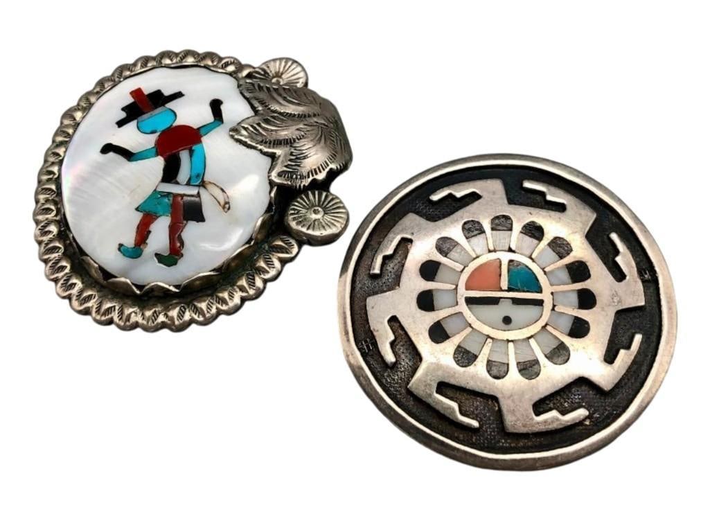Vintage Inlay Pin And Pin/Pendant: Offered here for your consideration is a vintage inlay pin and a pin/pendant. Both pins showcase multi stone inlay designs featuring turquoise, coral, mother of pearl and onyx. One pin features a love