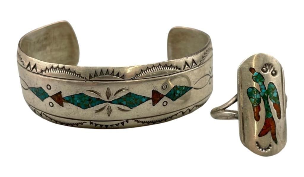Vintage Chip Inlay Bracelet And Ring (1 of 10)