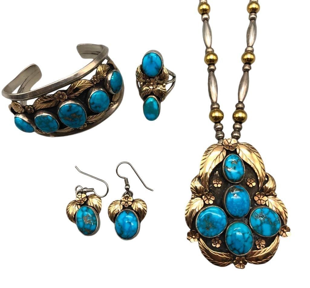 Nice Turquoise, Sterling Silver And Gold Overlay Necklace, Bracelet And Earring Set (1 of 20)