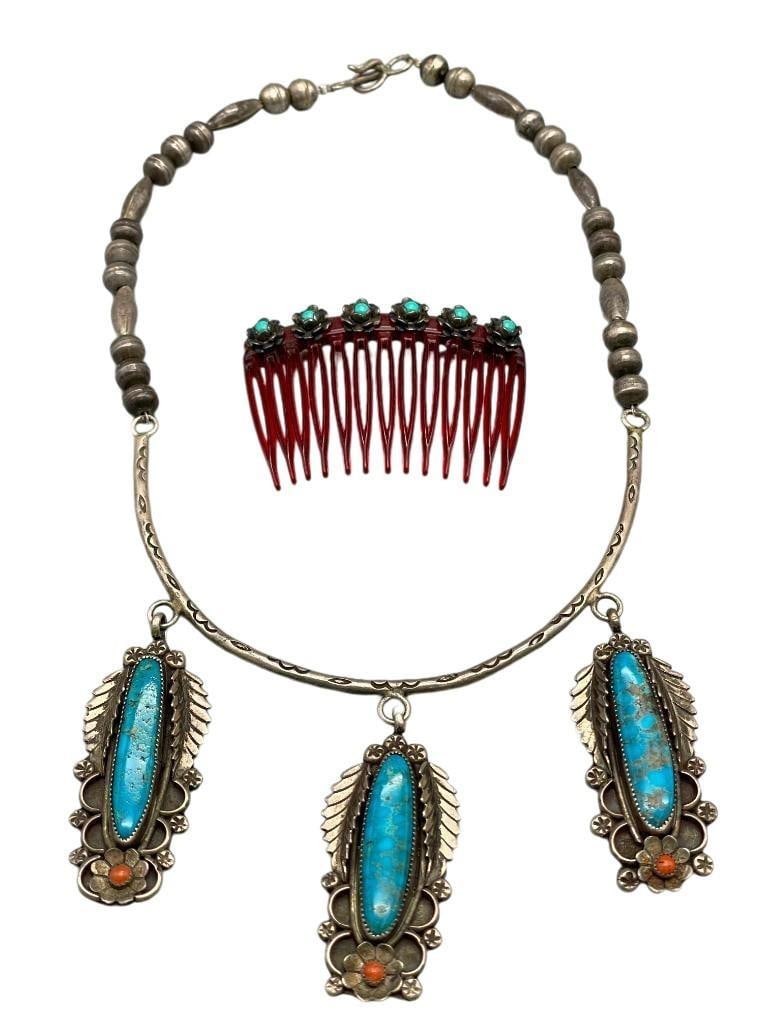 Vintage Turquoise And Coral Necklace With Hair Comb (1 of 17)