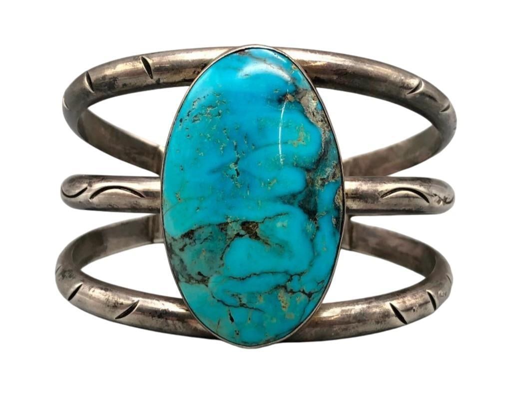Large Turquoise And Sterling Silver Bracelet (1 of 10)