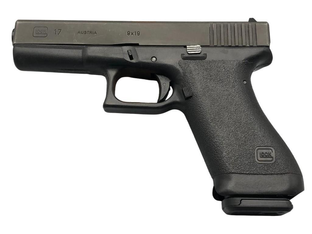 Glock Model 17 Semiautomatic Pistol In 9mm: For your bidding pleasure is a Glock 17 semiautomatic pistol in 9mm. This pistol is a first generation. The magazine is not Glock, but the magazine appears to be CA compliant. It has the standard Gloc