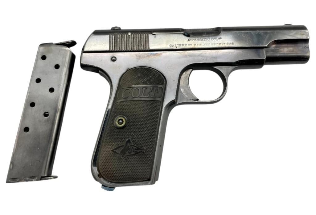 Colt 1903 Pocket Hammerless .32 Cal Pistol: For your bidding pleasure is a Colt 1903 pocket hammerless .32 caliber pistol. This Colt pistol is in incredible condition with original bluing (take a look at the fire blue on the safety) and the bla