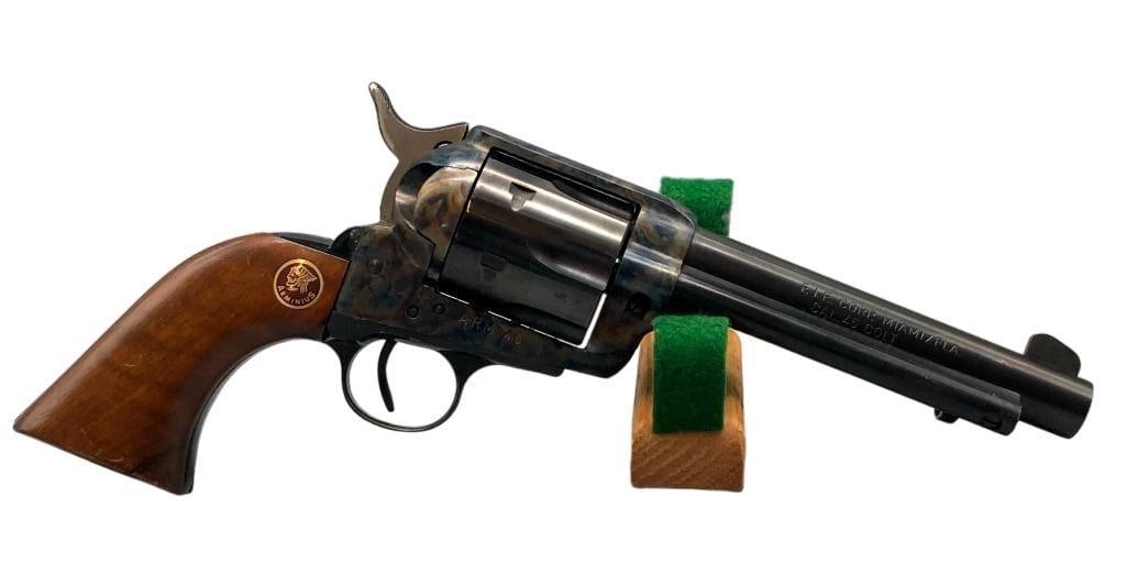 Arminius Model .45 Colt Revolver: For your bidding pleasure is an Arminius model Colt .45 caliber revolver by Hermann Weihrauch. This six shooter revolver frame is color case hardened and the cylinder and barrel are blued. The one pie