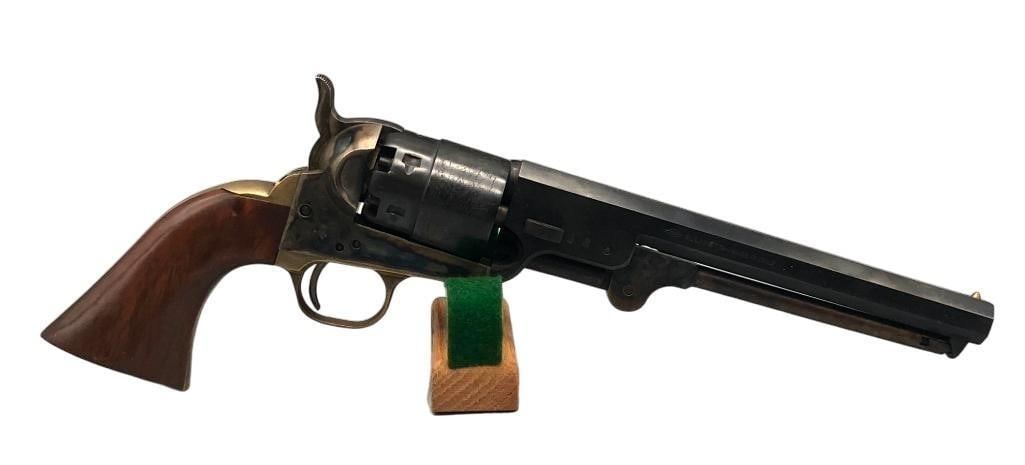 Navy Arms Co. Black Powder .44 Caliber: For your bidding pleasure is a Navy Arms Co. black powder .44 caliber. This black powder revolver has a color case hardened frame and a brass trigger guard and back strap. The back strap is notched fo