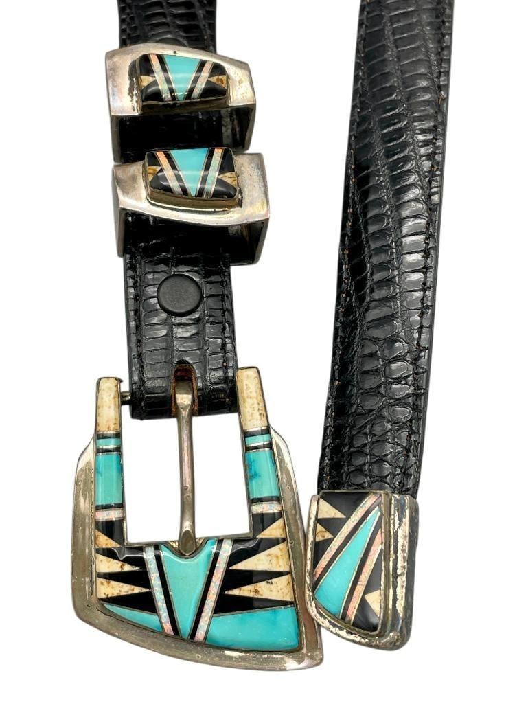 Multi Stone Inlay Ranger Belt Buckle Set With Genuine Lizard Leather Belt By Alexander Kalifano (1 of 10)
