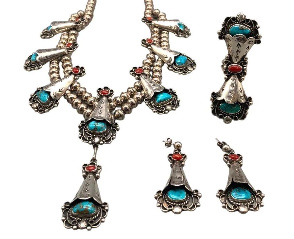 Circa 1970s Flower Pot Style Squash Blossom Necklace Set With Turquoise And Coral (1 of 20)
