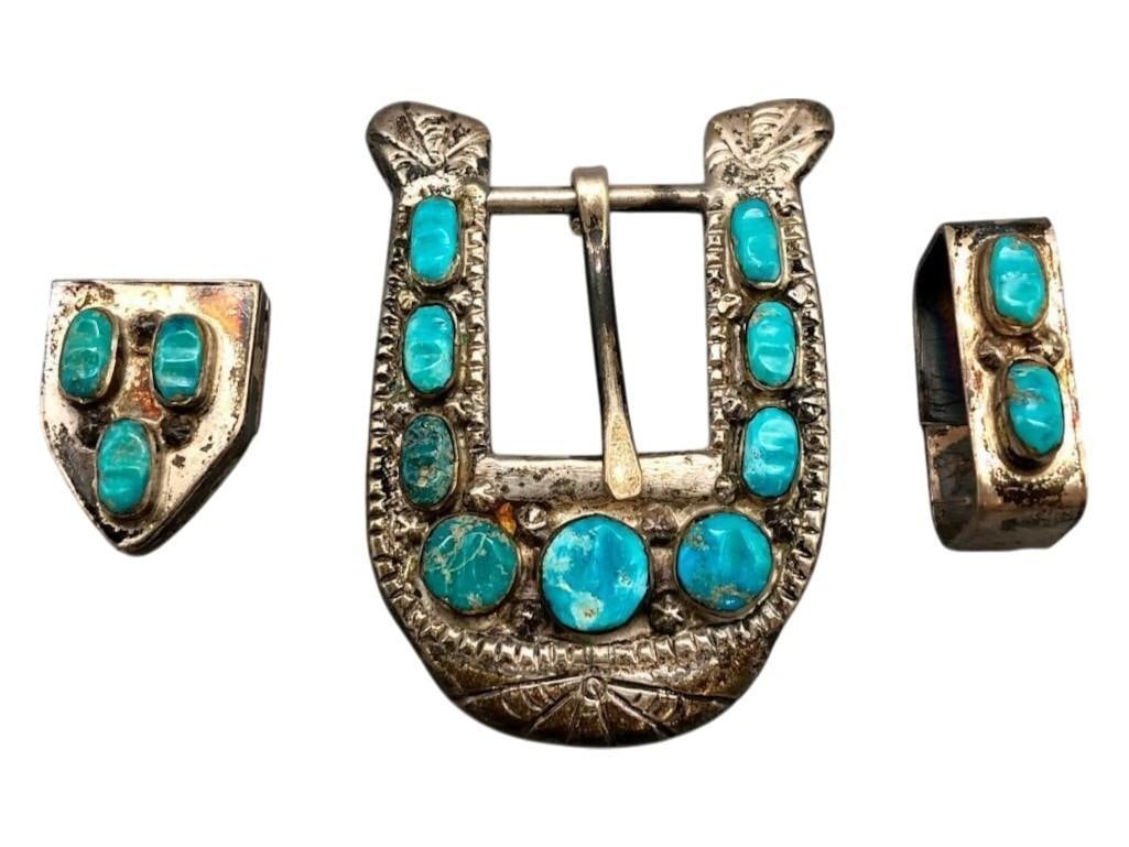 Three Piece Carved Turquoise Ranger Belt Buckle Set (1 of 6)
