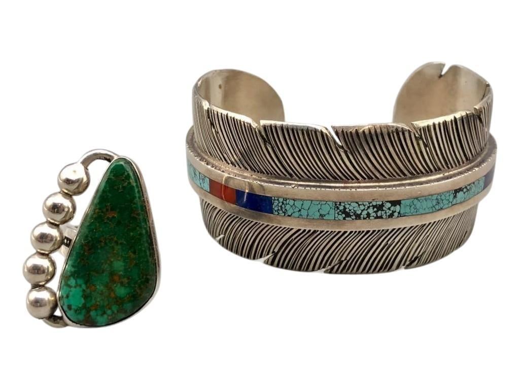 Inlay Bracelet And Turquoise Ring By Marvin Slim: Offered here is an inlay bracelet and turquoise ring by Marvin Slim. This amazing bracelet showcases a central row of multi stone inlay featuring turquoise, lapis, spiny oyster, coral and more. The in