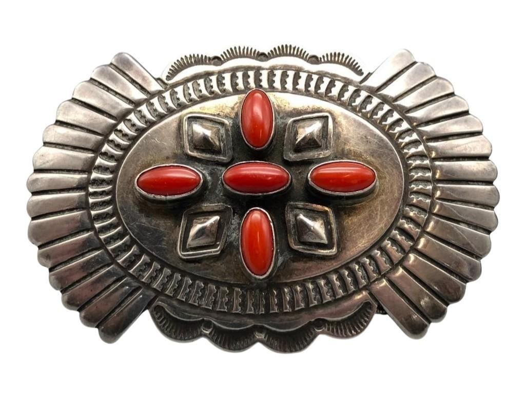 Coral And Sterling Silver Belt Buckle By Delbert Delgarito (1 of 10)